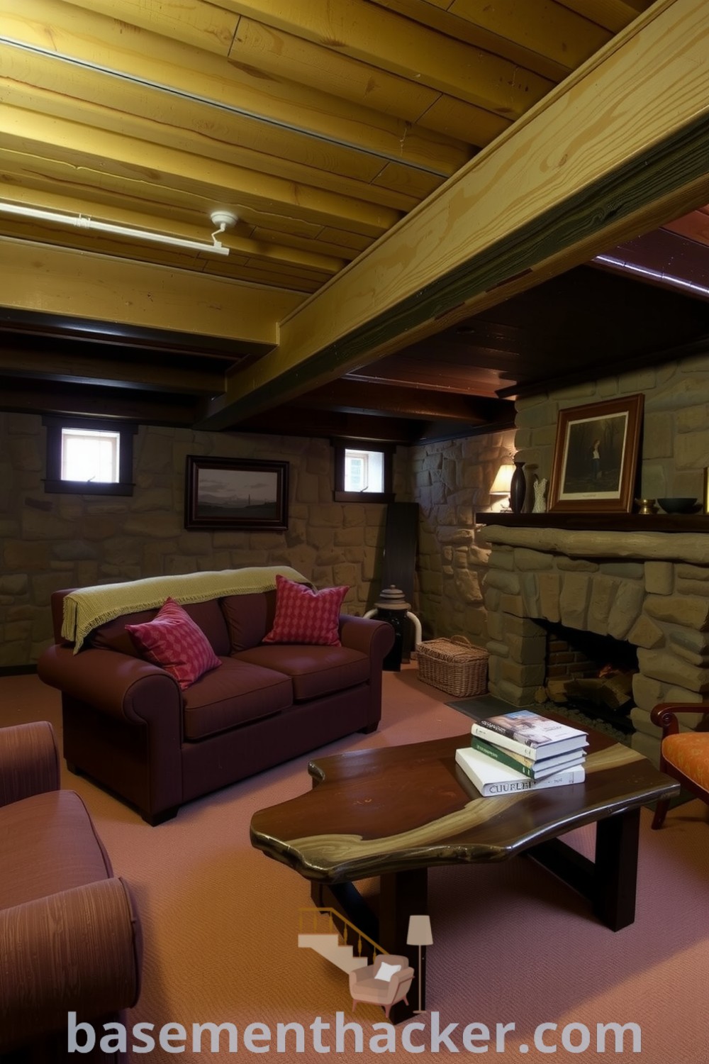 Rustic basement living room with exposed wooden beams, plush sofa, and a fireplace, showcasing a cozy atmosphere ideal for relaxation and gatherings, featured on basementhacker.com.