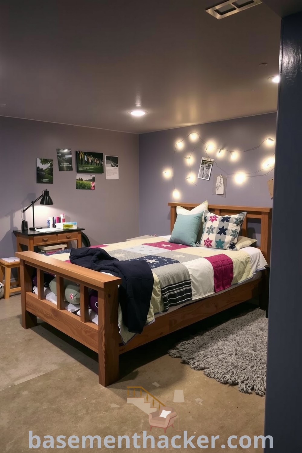 Cozy basement bedroom featuring a wooden bed with a patchwork quilt, fairy lights, a reclaimed wood desk with art supplies, and a plush area rug, perfect for a stylish and functional home design, showcased on basementhacker.com.