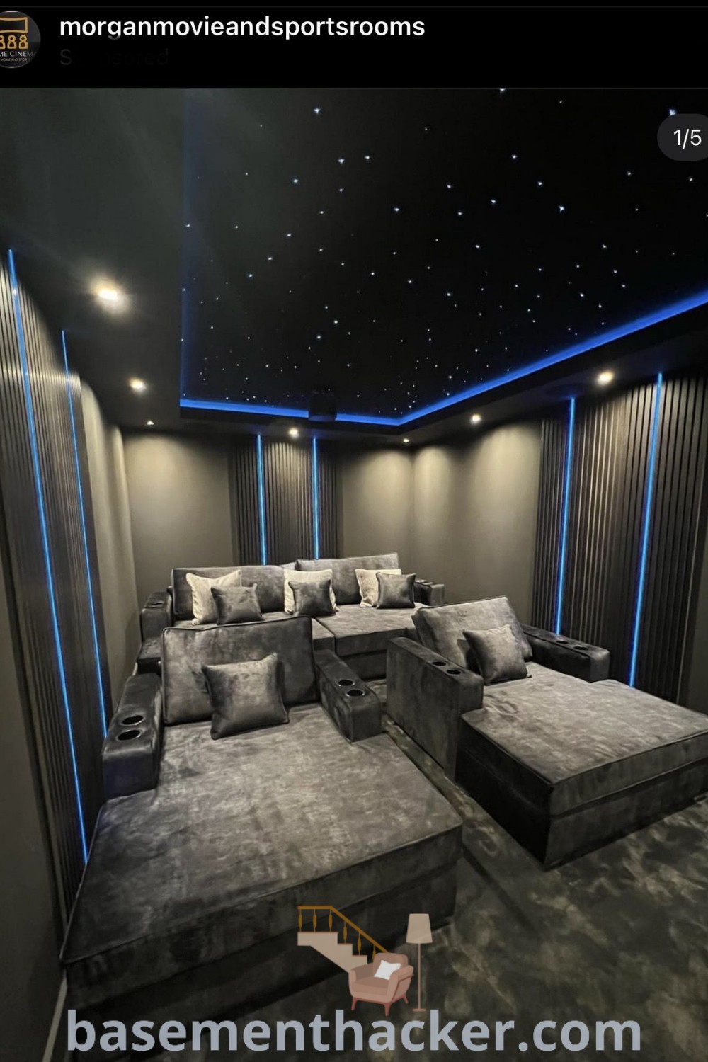 A stylish home theater with couches and pillows, showcasing innovative ideas for designing small home theaters. The space is perfect for ultimate entertaining, offering cozy and organized home design solutions. This design highlights functional decor and stylish bonus room ideas from basementhacker.com.