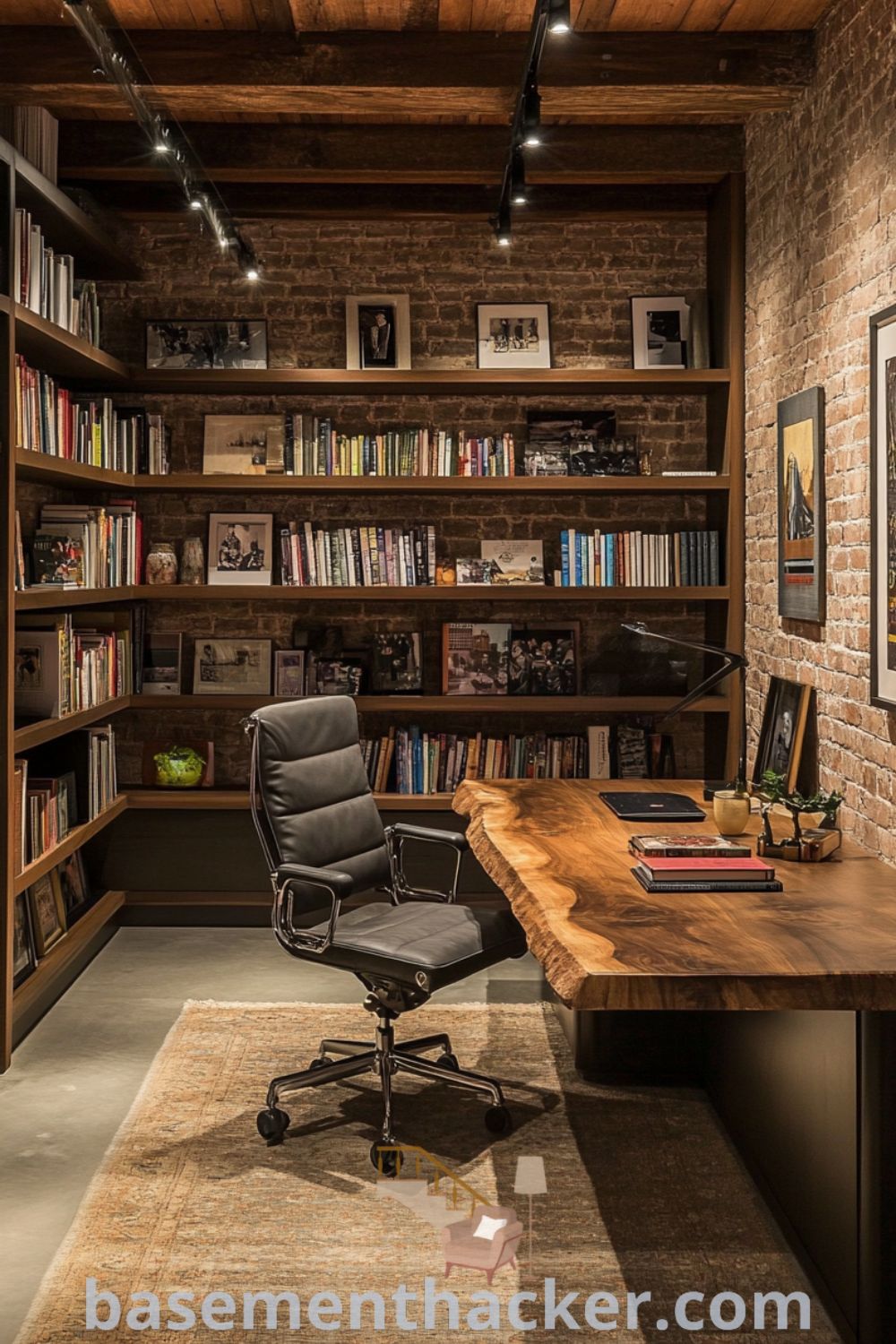 Stylish basement office featuring a large oak desk, bookshelves filled with novels, and ambient lighting on exposed brick walls, showcasing innovative basement makeover ideas for a stylish bonus space, presented on basementhacker.com.