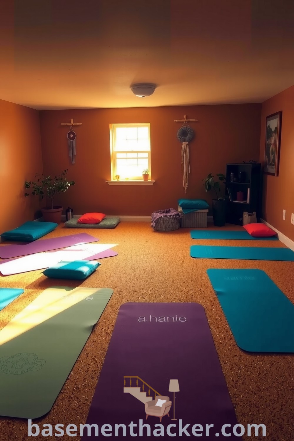 Basement yoga and stretching room featuring natural light, colorful mats, cork flooring, and organic wall hangings, ideal for relaxation and mindfulness, showcased on basementhacker.com.