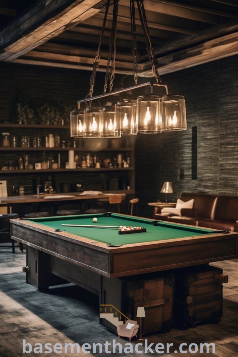 A beautifully designed room with a pool table centered beneath stylish hanging lights, providing a perfect space for family gatherings and entertainment. This setup offers innovative ideas for designing spaces that are both functional and aesthetically pleasing. For more home design inspirations, visit basementhacker.com.