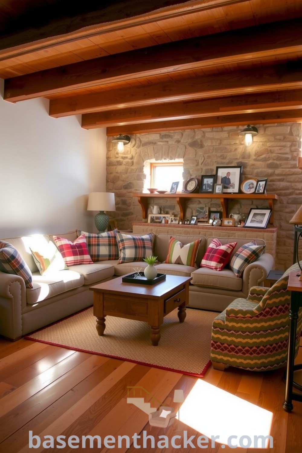 Inviting country-style basement living room featuring a large sofa with plaid cushions, exposed wooden beams, rustic stone walls, and personal decor elements, ideal for a stylish and functional home design, presented on basementhacker.com.